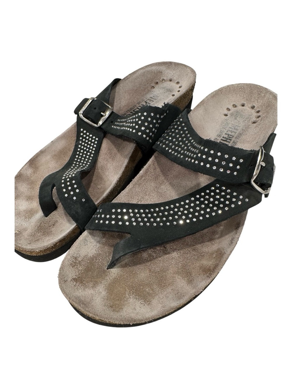 MEPHISTO “Helena Spark” black nubuck slide sandals, rhinestones on straps, 8 - Picture 2 of 16